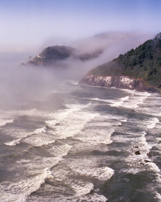 View of Heceta Head and the Heceta Head Lighthouse as a bank of fog washes over the headlands.