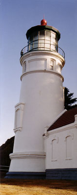 Closeup view of the lighthouse at Heceta Head on the Oregon coast near the Sealion Caves