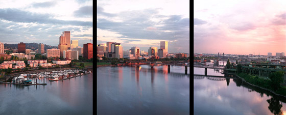 Panoramic view from the Marquam Bridge of the Willamette River,  Downtown Portland and the Hawthorne Bridge at sunrise