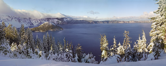 Snowy afternoon over Wizard Island and Crater Lake