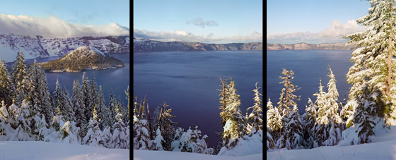 Snowy afternoon over Wizard Island and Crater Lake