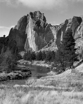 This is a black and white photograph of the Crooked River as it runs through Smith Rock State Park.  Smith Rock is a favorite area with rock climbers and the river attracts many fishermen.  There are also many hiking opportunities,  both easy and strenuous.