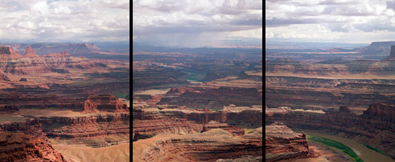 View of rain showers over the Colorado River Near Moab, Utah