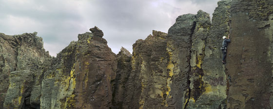 A climber on the feathers,  a columnar basalt outcropping at Frenchman's Coolee near the Columbia River in Central Washington