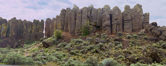 A columnar basalt outcropping,  called the feathers,  near the Columbia River in Central Washington. It is a popular place with climbers.