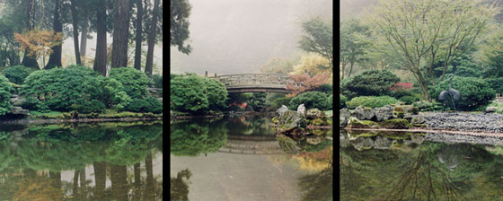 Koi pond and Moon Bridge on a foggy morning at the Portland Japanese Garden