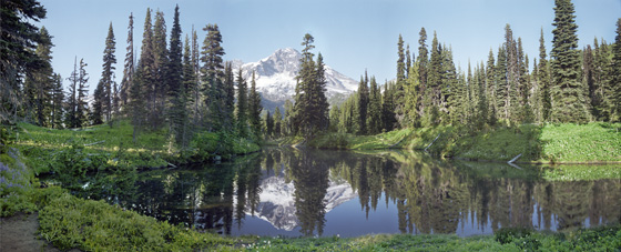 Late afternoon view of Mirror Lake in the verdant meadow called 