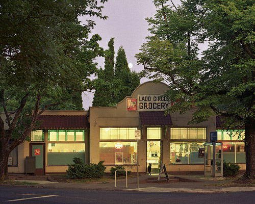 Moon over an old neighborhood grocery store in Ladd's Addition of Portland. The dog's name was Natasha. She was waiting patiently.