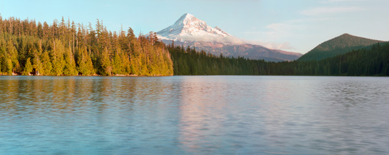 Lost Lake at sunset with a whisper of fresh snow on Mt Hood,  reminiscent of the steep slopes of the Alps.