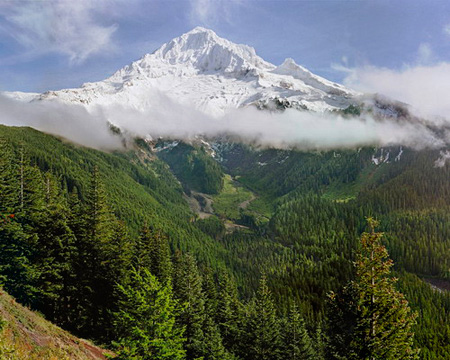 View of Mount Hood from Bald Mountain after an autumn snow.The mountain here is framed by a colorful vine maple,  along with the Muddy Fork of the Sandy River and passing clouds. 