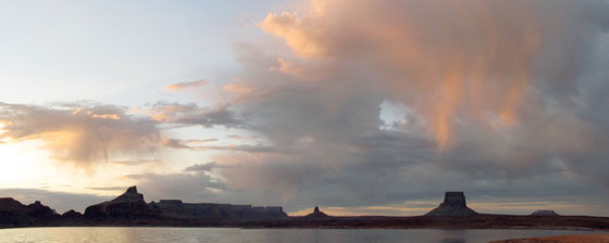 Dramatic sunrise over Padre Bay in the Glenn Canyon National Recreation Area on Lake Powell in Utah