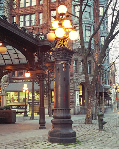 Lamppost and cobblestones at Seattle's Pioneer Square