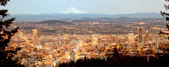 Christmas night view of Portland from Pittock Mansion in the West Hills