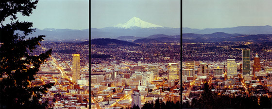 Christmas night view of Portland from Pittock Mansion in the West Hills