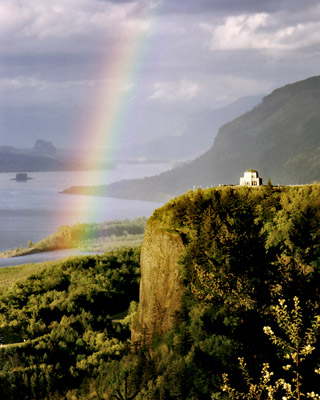 Rainbow framing the Vista House from Women's Forum State Park at the mouth of the Columbia River Gorge