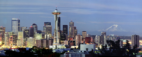 Sunrise over Seattle from Queen Anne Hill,  overlooking Mt Rainier,  Seattle Center and the Space Needle