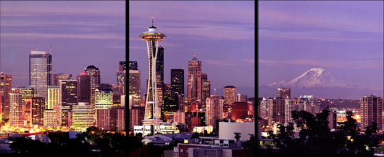 Sunrise over Seattle from Queen Anne Hill,  overlooking Mt Rainier Seattle Center and the Space Needle