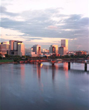 Panoramic view from the Marquam Bridge of the Willamette River,  Downtown Portland and the Hawthorne Bridge at sunrise