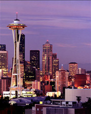 Sunrise over Seattle from Queen Anne Hill,  overlooking Mt Rainier Seattle Center and the Space Needle