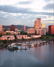 Panoramic view from the Marquam Bridge of the Willamette River,  Downtown Portland and the Hawthorne Bridge at sunrise