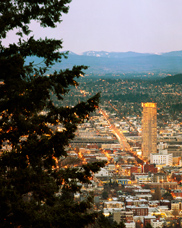 Christmas night view of Portland from Pittock Mansion in the West Hills