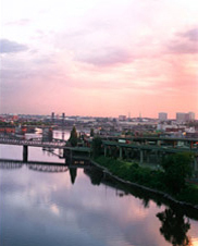 Panoramic view from the Marquam Bridge of the Willamette River,  Downtown Portland and the Hawthorne Bridge at sunrise