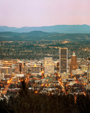 Christmas night view of Portland from Pittock Mansion in the West Hills