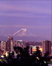 Sunrise over Seattle from Queen Anne Hill,  overlooking Mt Rainier Seattle Center and the Space Needle