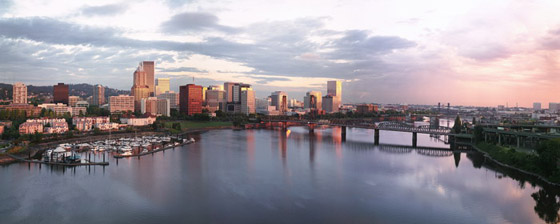 Panoramic view from the Marquam Bridge of the Willamette River,  Downtown Portland and the Hawthorne Bridge at sunrise